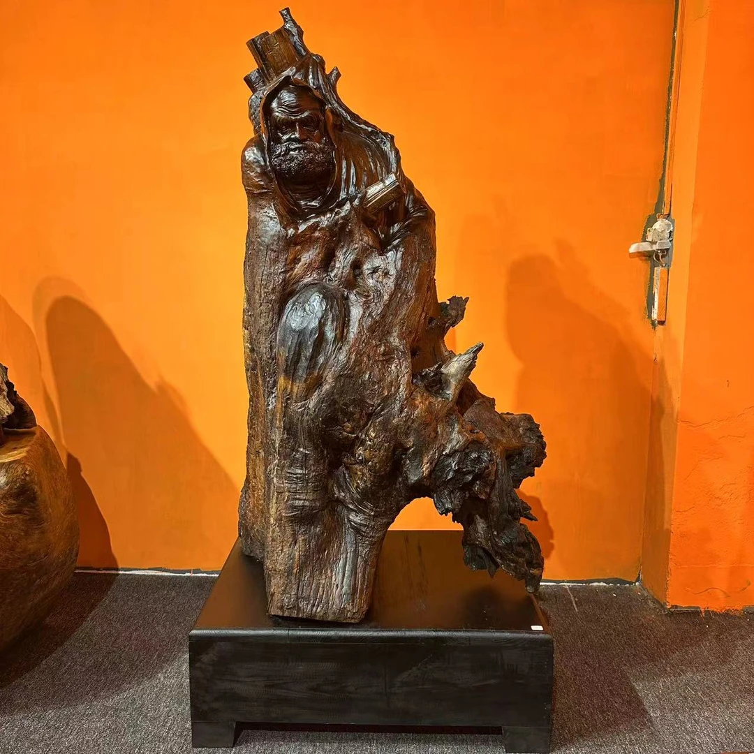 《持简杖行·达摩》鸡翅木手工雕刻落地摆件 尺寸：95-68-197