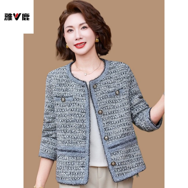 雅鹿优选妈妈秋装小香风洋气外套2025新款中老年女装春秋时尚圆领