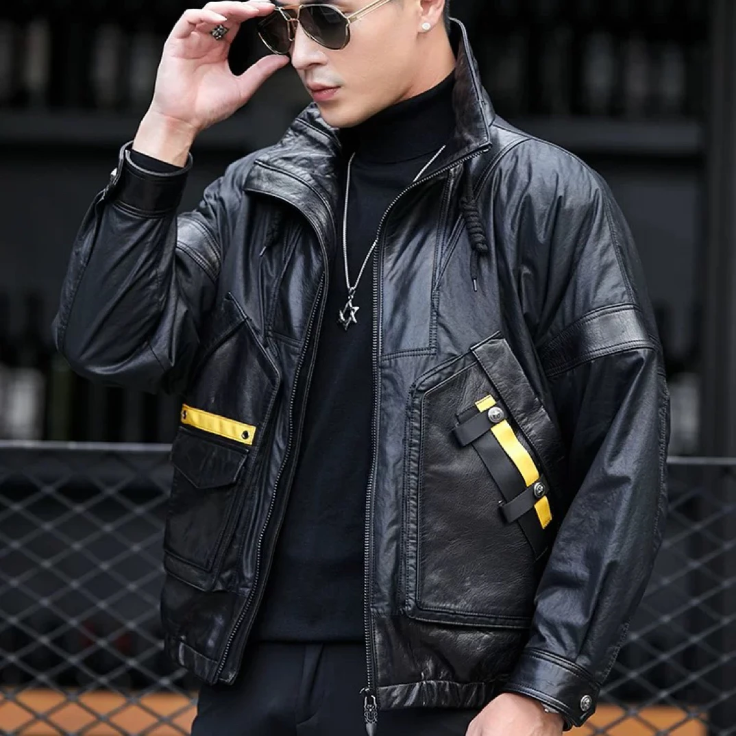 宽松山羊皮真皮皮衣男潮流新款秋季薄款软皮夹克机车风皮衣服外套