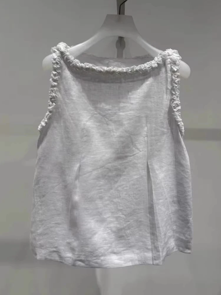 韩系减龄百搭简约木耳边设计灰色无袖上衣夏季超清冷系禅意衣服女