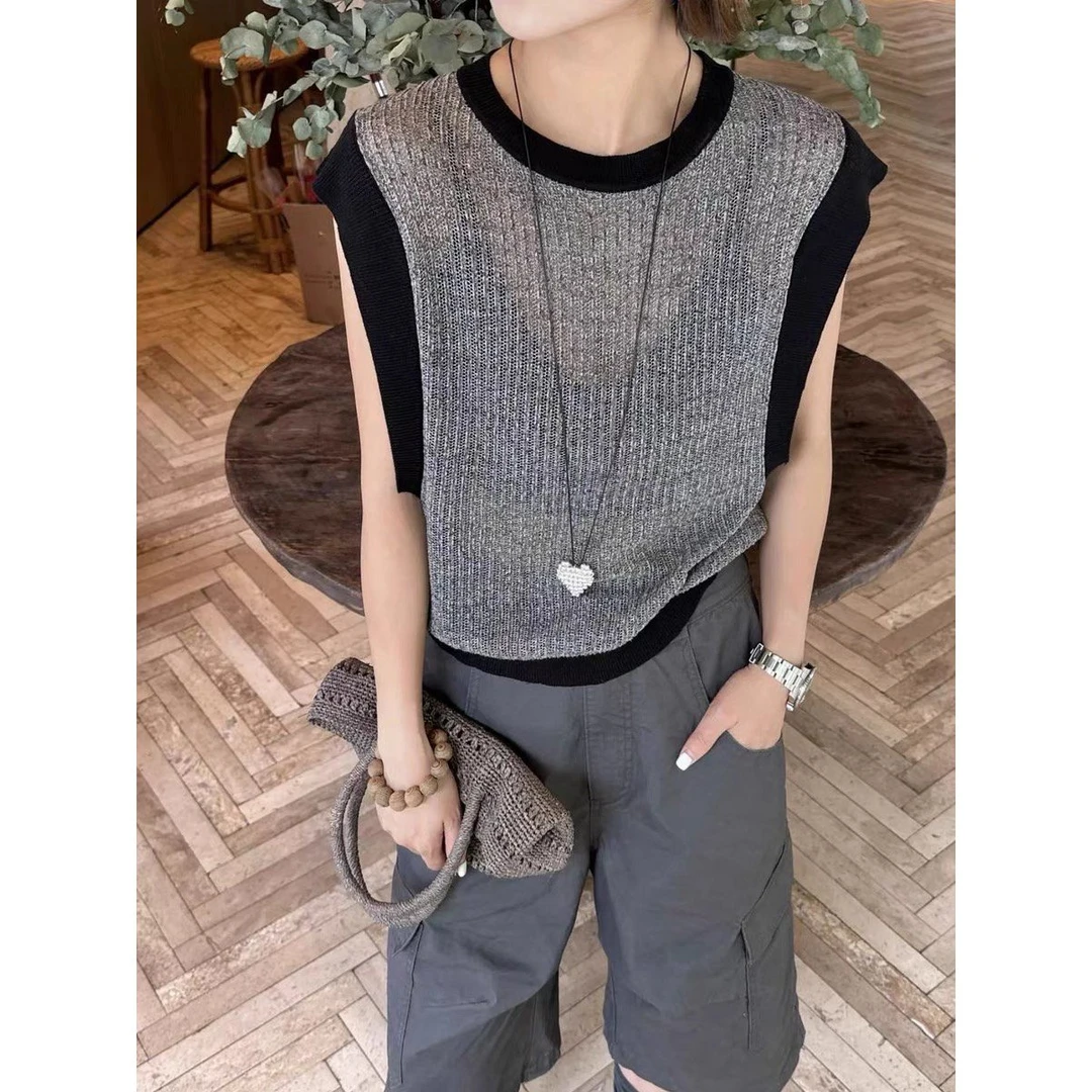 QL—98371时尚黑色假两件女极简冰丝圆领无袖女士上衣