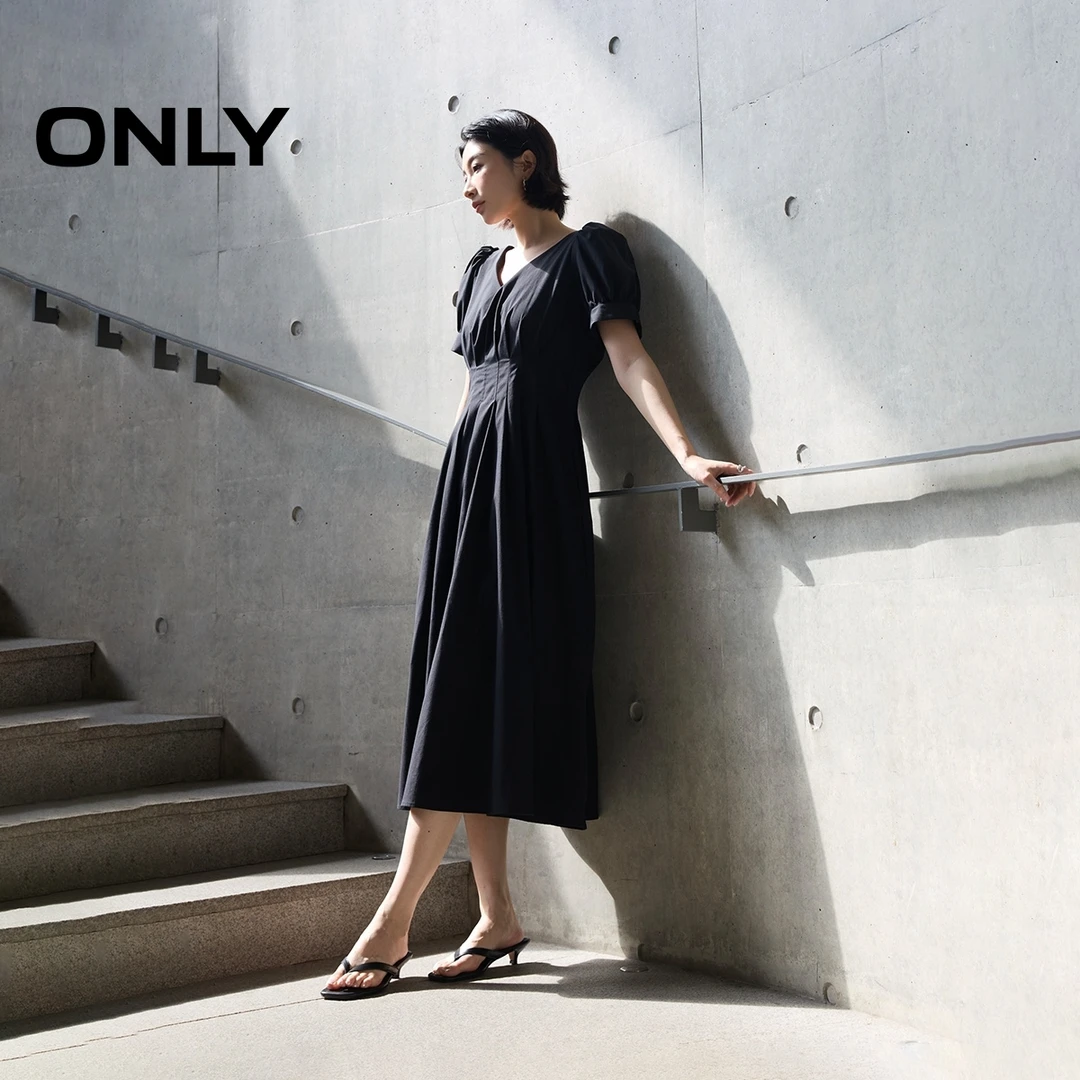 ONLY2025夏季新款显瘦V领泡泡短袖收腰中长裙连衣裙女|125207058