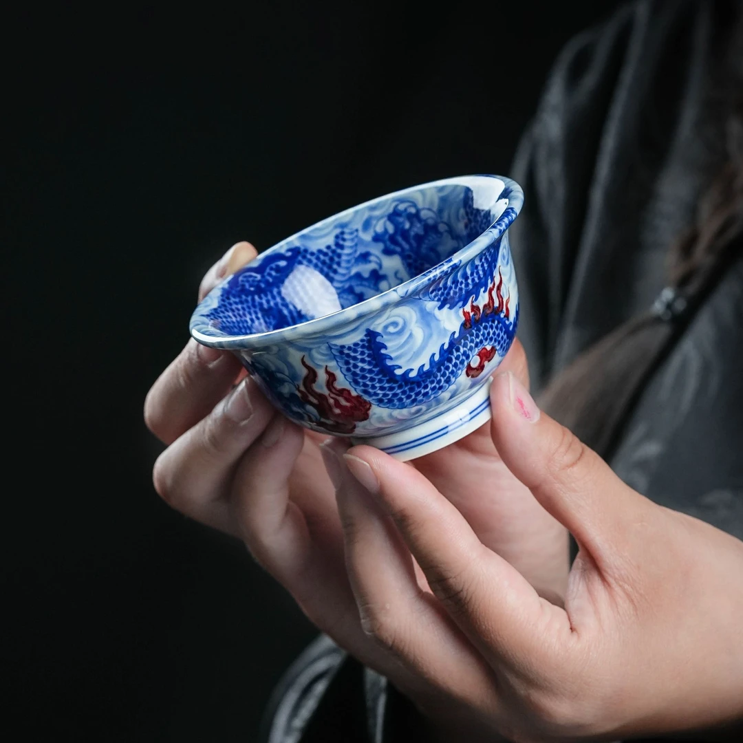 永明尚玩龙腾盛世陶瓷纯手工主人杯盏杯釉里红名窑茶杯家用自用杯