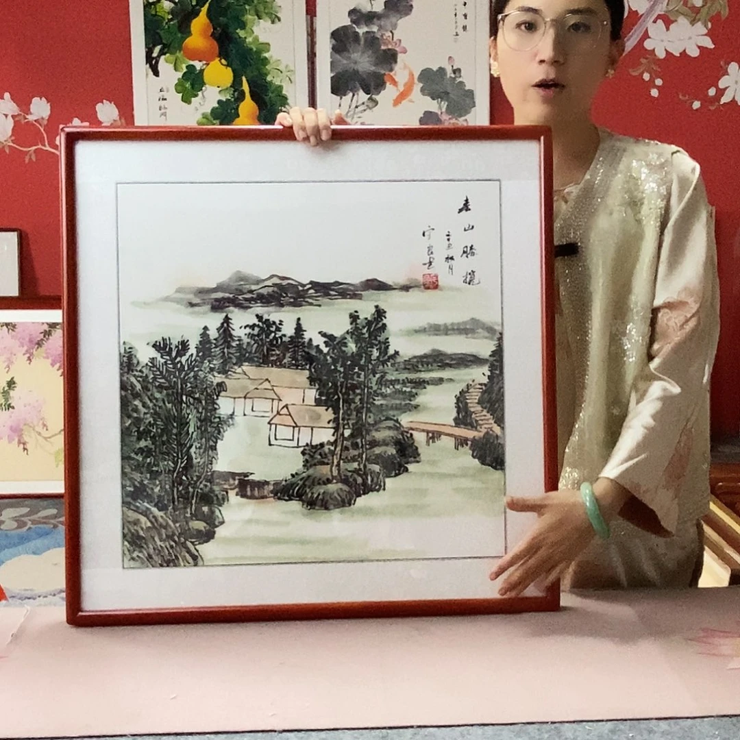 国画手写手绘国画作品带框包邮62✖️62