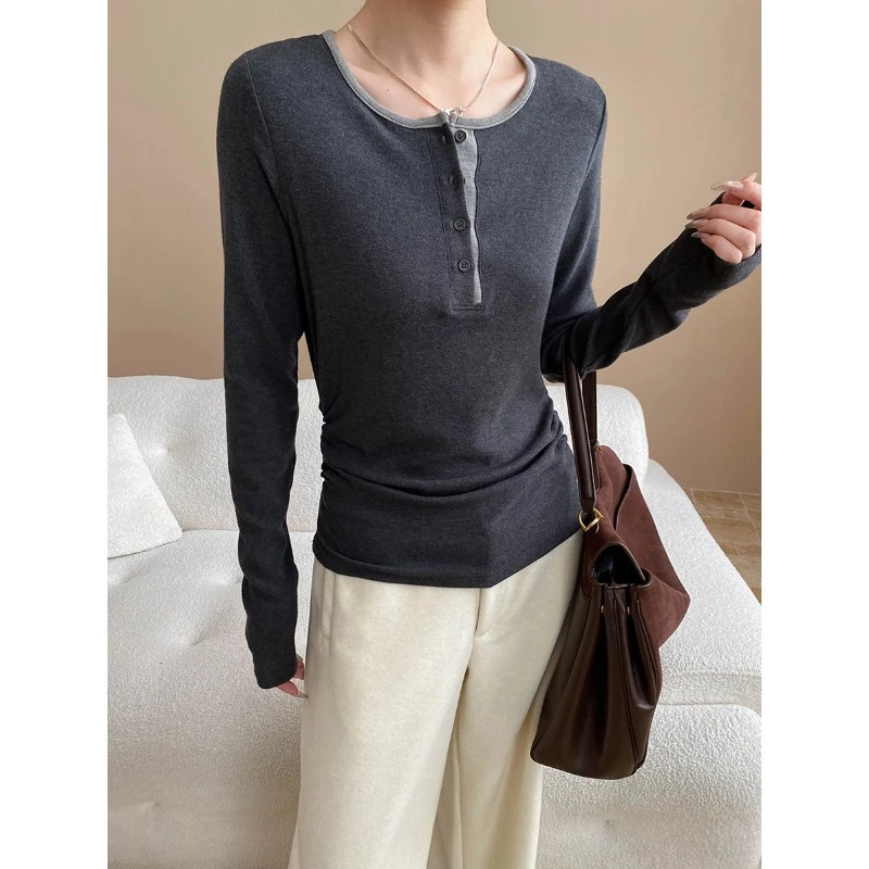 早秋新款天丝莱赛尔撞色半开领褶皱收腰T恤打底衫百搭显瘦时尚