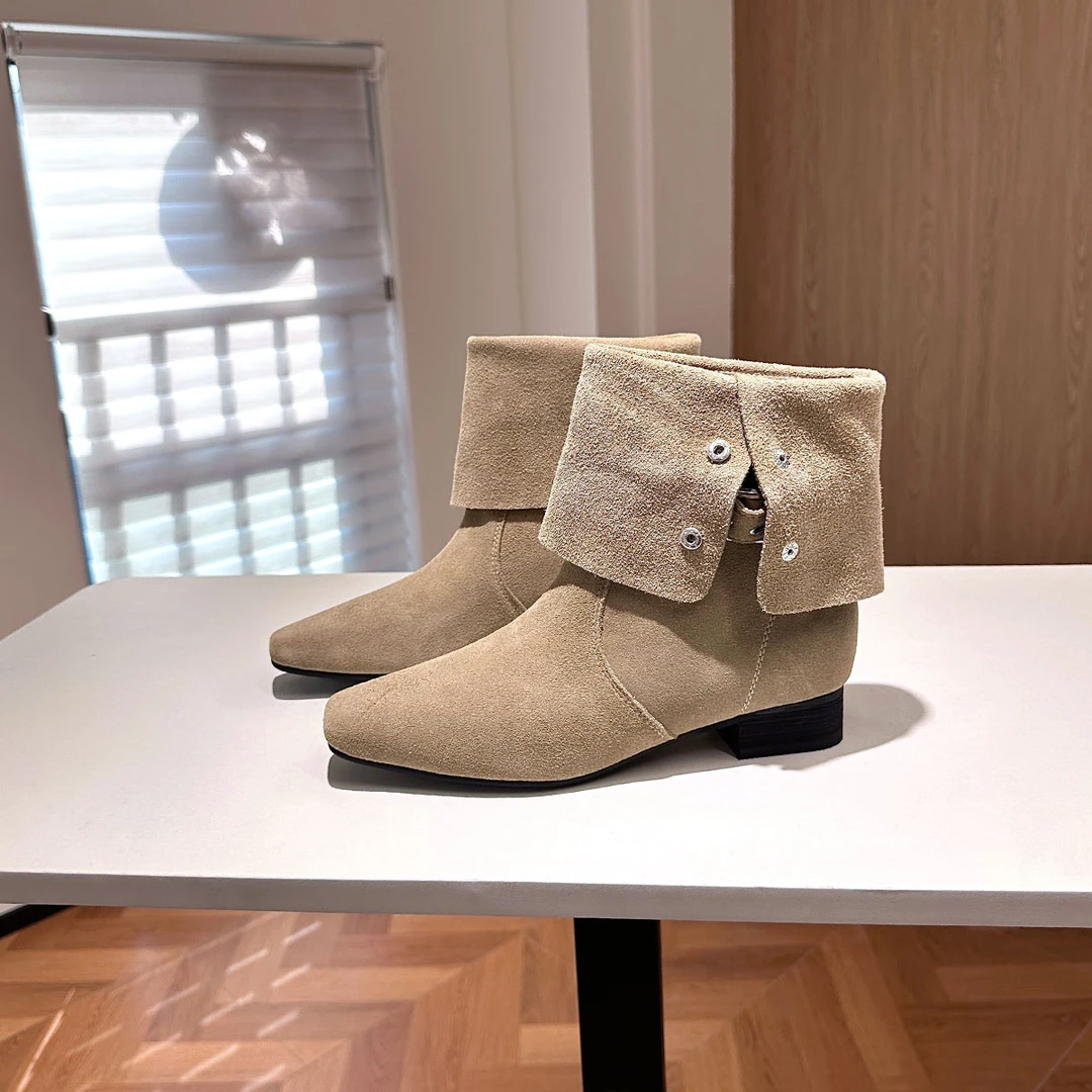 【静静老板娘】短靴女鞋筒靴中筒反绒时装靴单里尖头杏色女靴60292