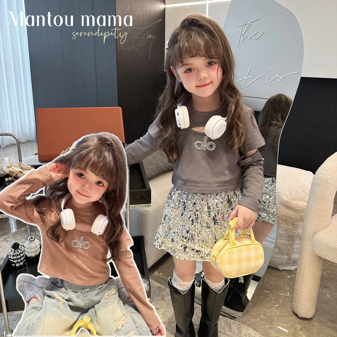 【Mt studio】【现货】设计感镂空质感烫钻长袖T恤女童春秋季简约上衣