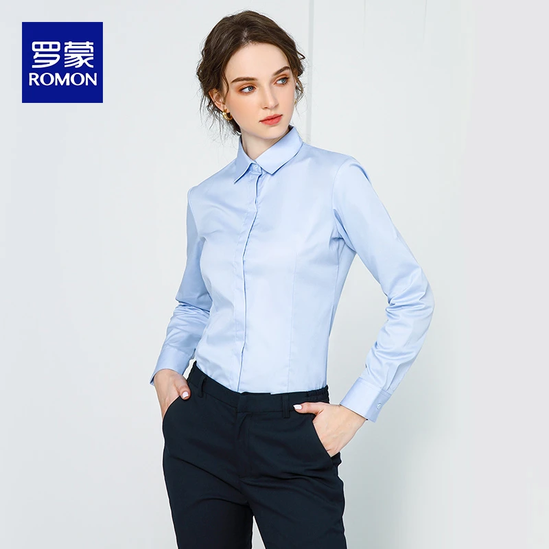 罗蒙白衬衫女2024新款长袖上衣高级感职业正装工装女士蓝衬衣