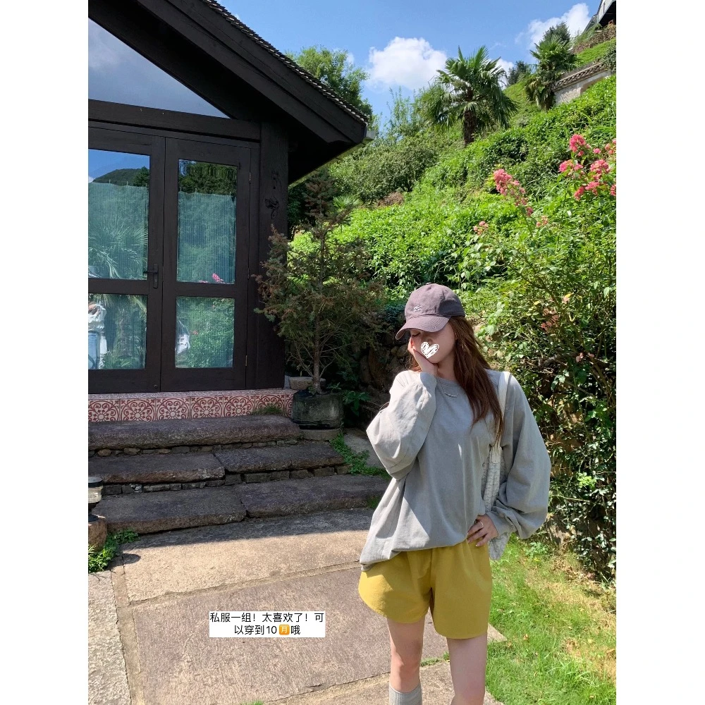 复古解构卫衣tee/短裤女春秋长袖两件套
