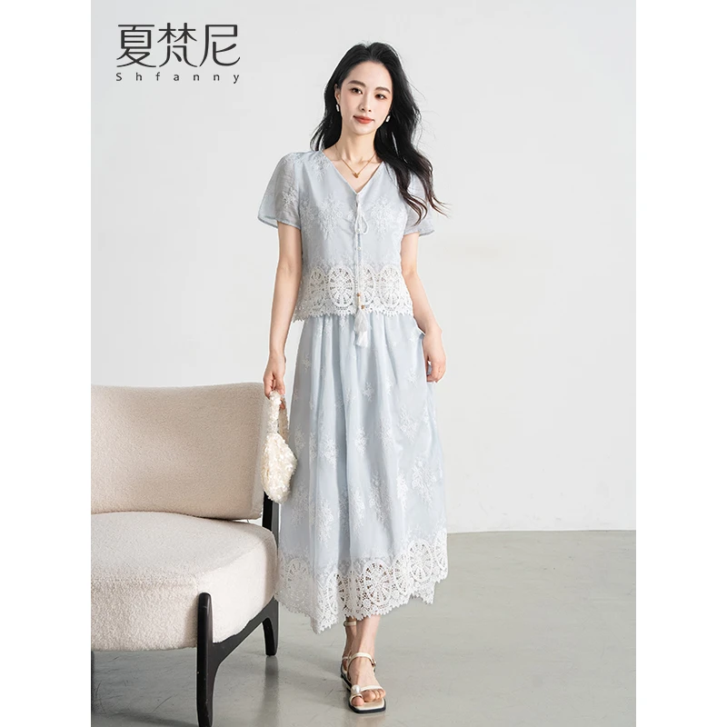 夏梵尼盛夏蓝星夏季小衫半身裙套装蕾丝新中式两件套流苏洋气爆款