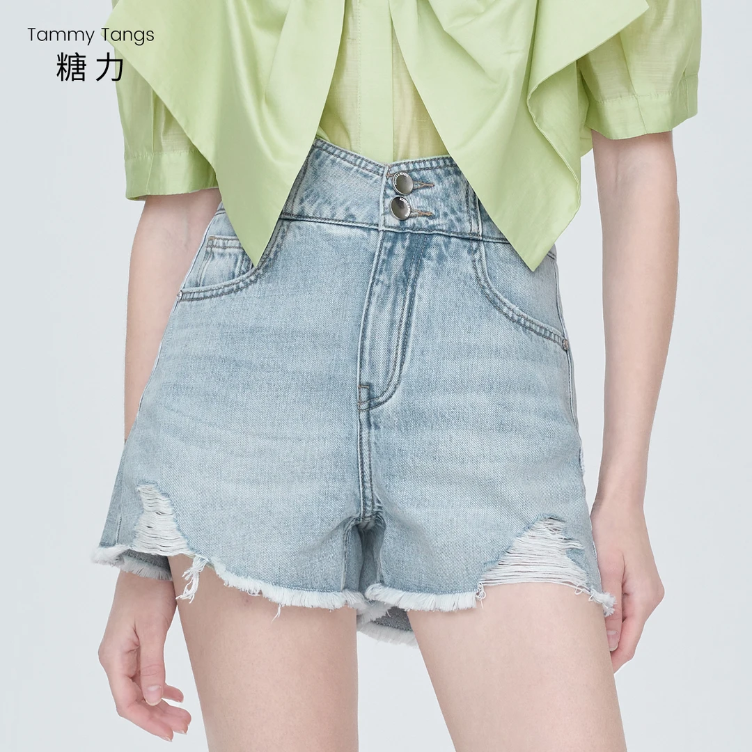 【官号专属】糖力 浅蓝色双腰节显瘦流苏磨破阔腿牛仔短裤女夏季