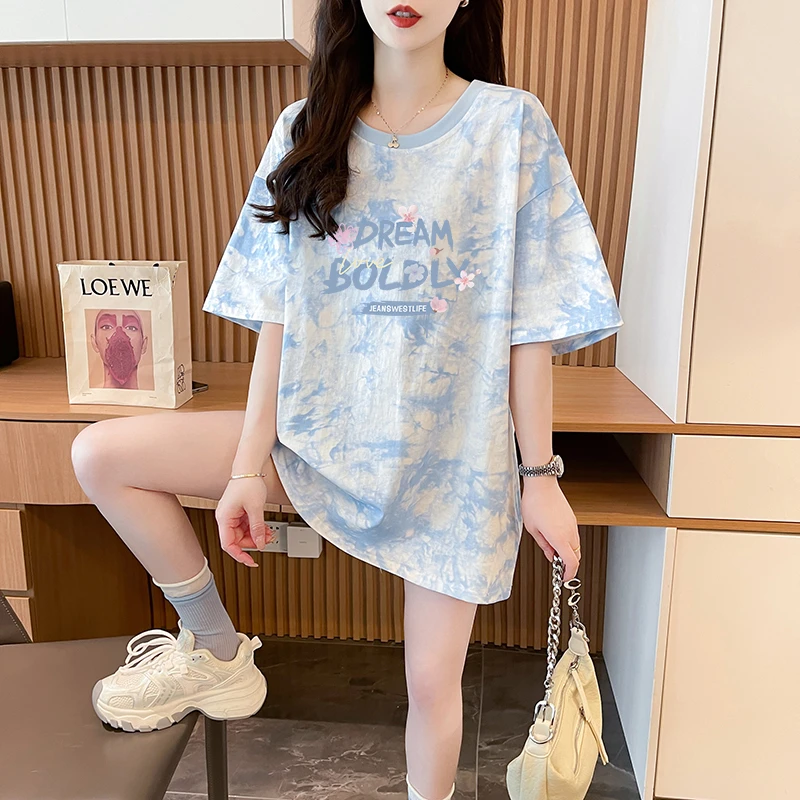 中长款纯棉短袖t恤女扎染渐变色网红潮牌宽松大码显瘦遮肚子上衣