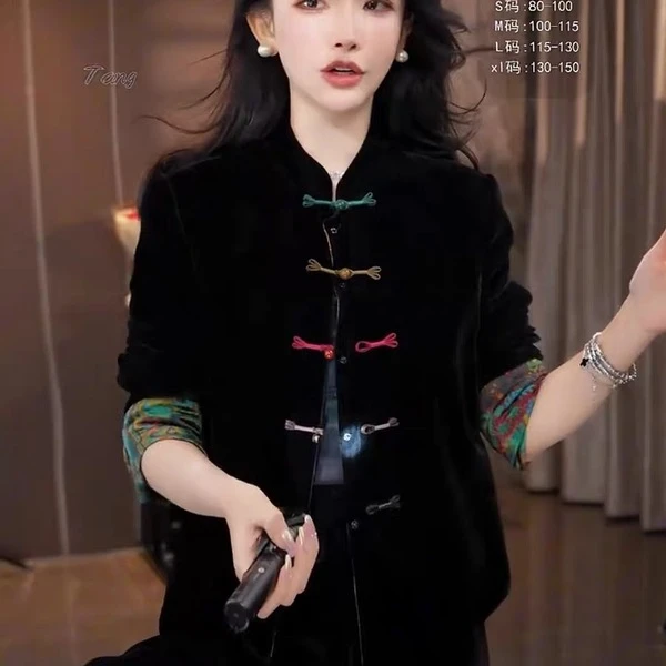 新中式提花盘扣黑色丝绒外套女2025新款国风双面穿气质复古上衣