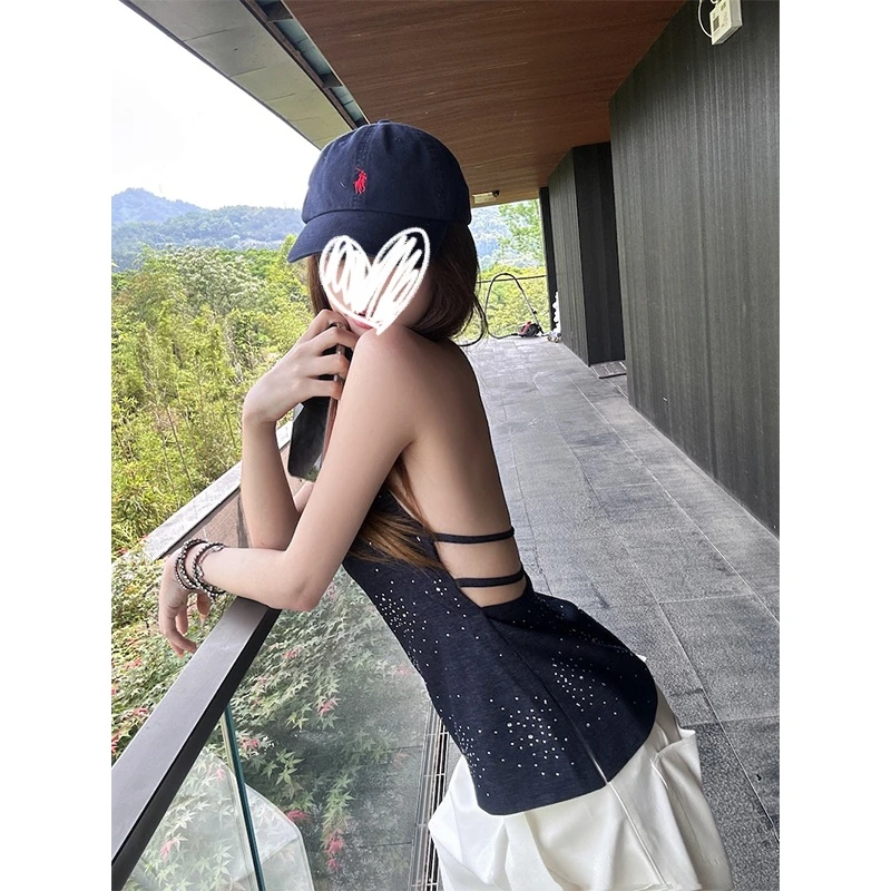 美式辣妹重工烫钻挂脖吊带背心女装超性感大露背修身显瘦百搭上衣