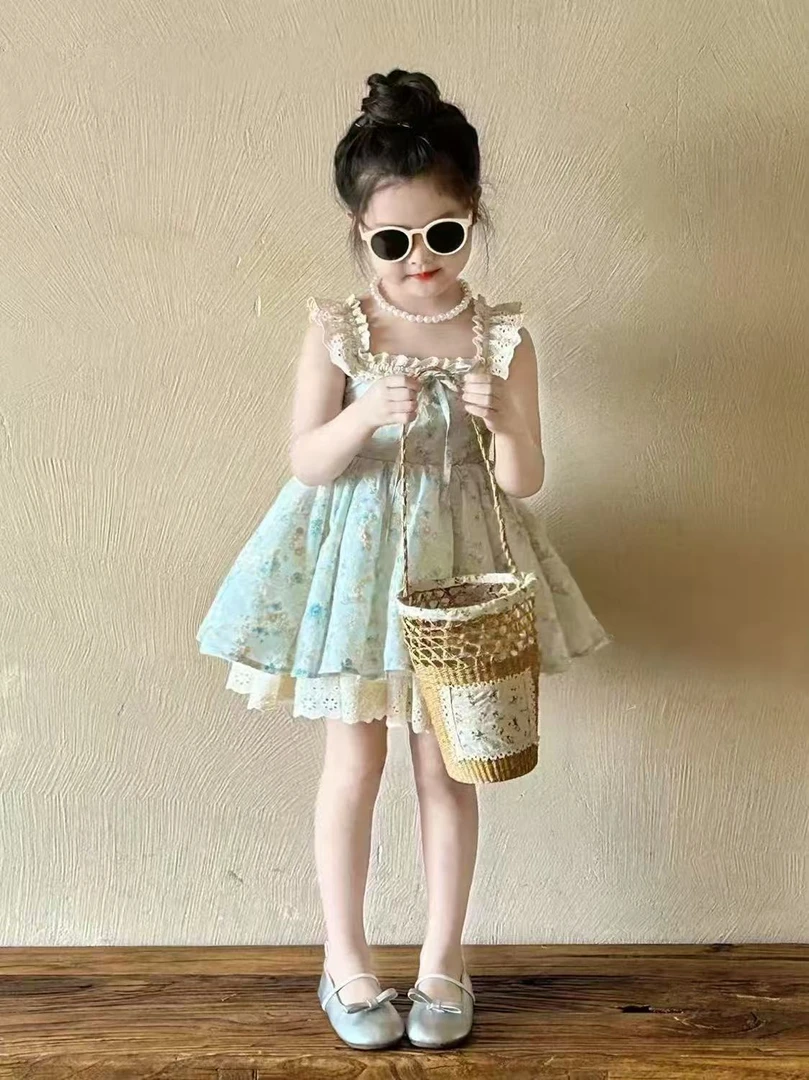 女童碎花小飞袖连衣裙2025夏季新款小女孩甜美公主裙韩版度假风裙