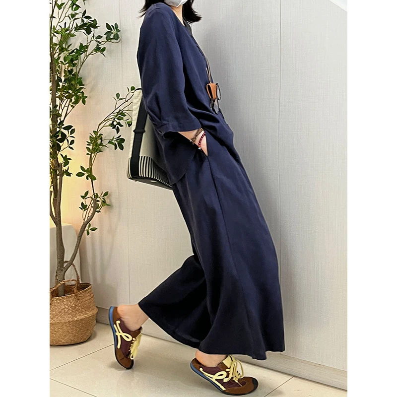 天丝亚麻套装两件套显瘦气质款V领排扣衬衫小衫+宽松高腰阔腿裤