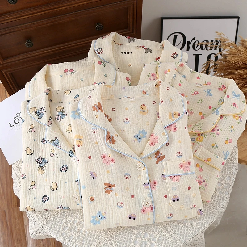 新款双层棉纱女士薄款透气家居服套装长袖长裤透气睡衣休闲家居款