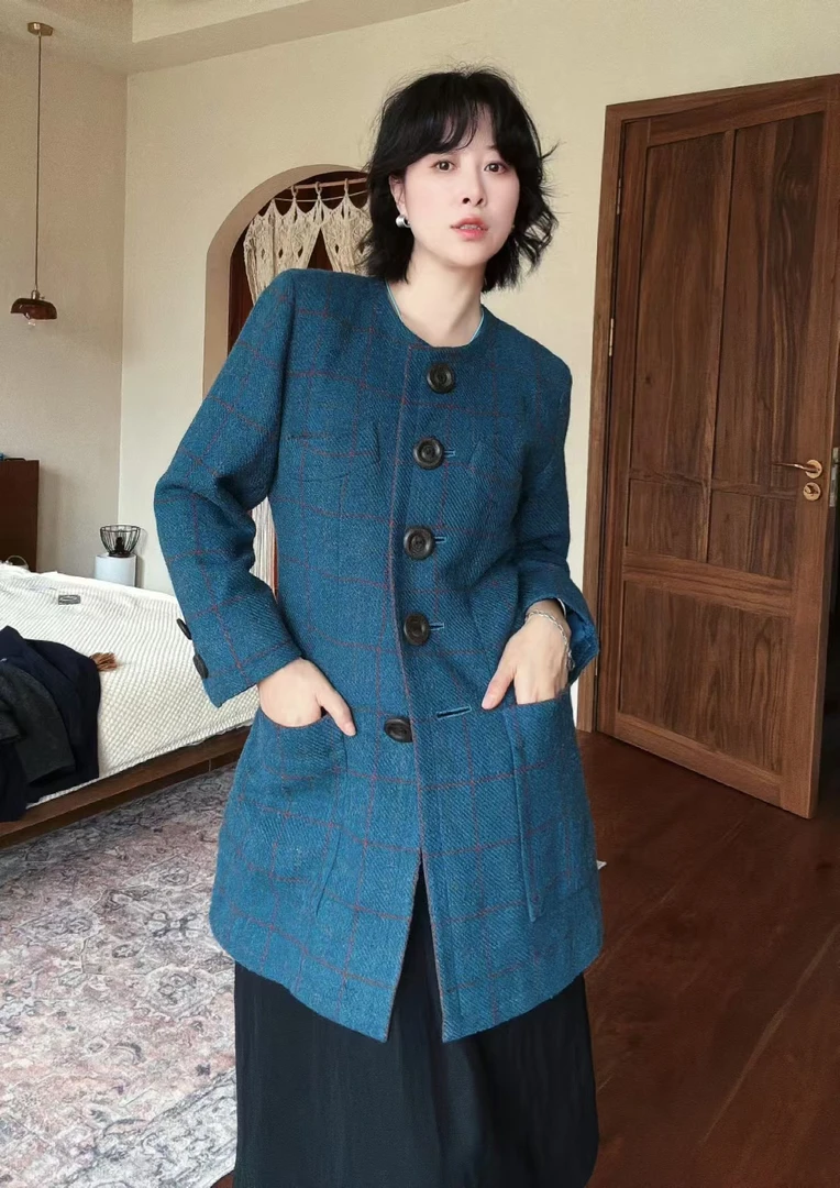 罗兰/复古蓝格子中式西服