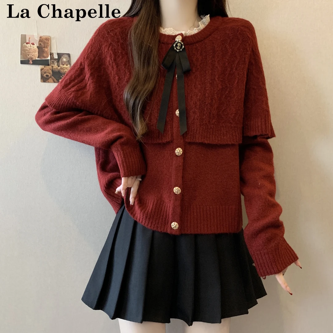 拉夏贝尔红色斗篷披肩针织衫女秋冬新款大码显瘦遮肉百搭毛衣上衣