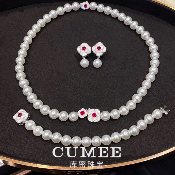 Cumee 925银耳饰 春上新气质优雅范花朵设计合成贝珠耳坠手链项链