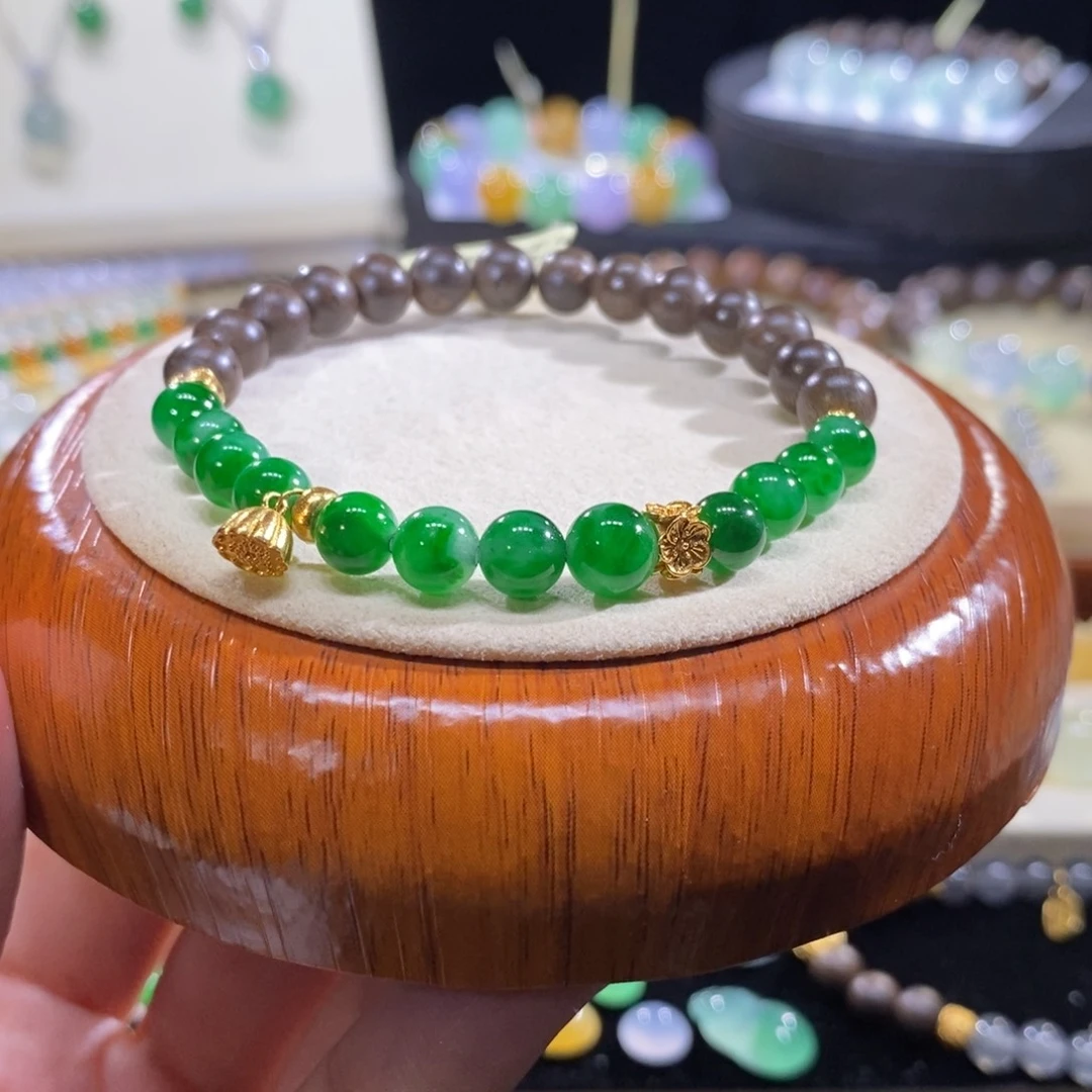翡翠18K金镶嵌手串18K辣绿小珠手串