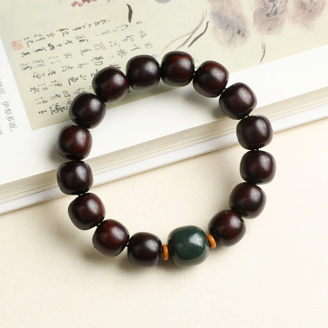 小叶紫檀和田玉老型手串-多样性发一-珠径约14*13mm