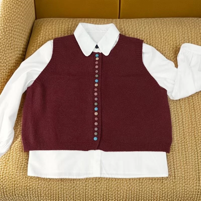 秋冬复古彩色排扣宽松休闲叠穿百搭针织上衣马甲一218大码款