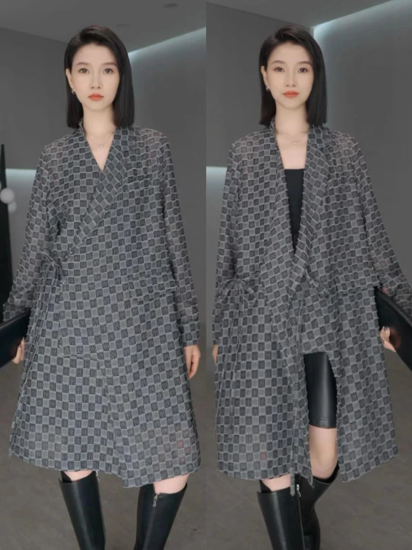 鑫鑫原创篙级静奢风设计感格纹中长裙遮肉显瘦衬衫式连衣裙2007