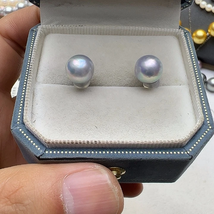 昕***桐银S925镶嵌海水珍珠耳饰海水真多麻耳钉8-9mm