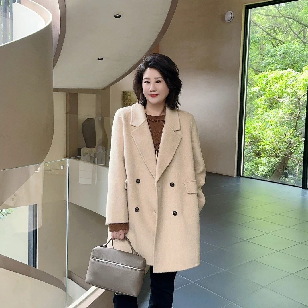 微胖女装【韩剧女主-燕麦色】绵羊毛大衣一手长经典款中长款外套811