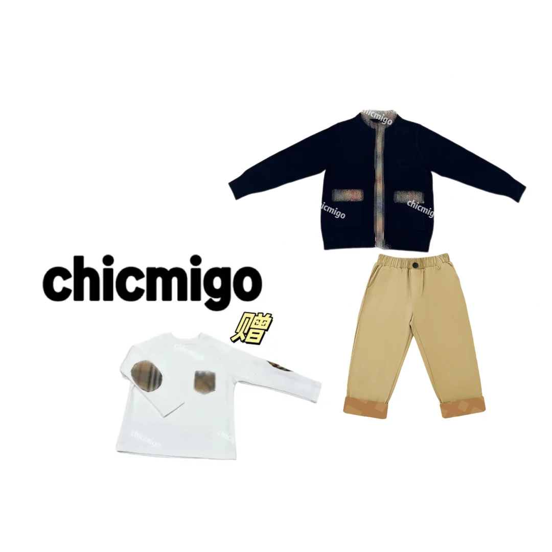 【Chicmigo高定童装】秋季新款格纹毛衣男女童开衫设计款针织衫套装