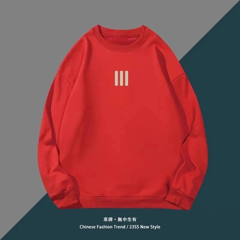 仓石一树2025新款潮牌简约圆领红色卫衣男士春秋轻奢潮流套头上衣