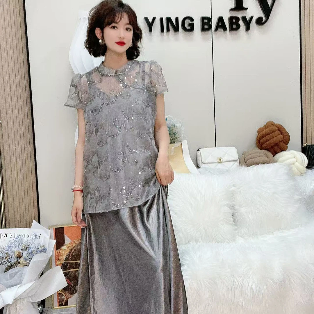 YY大码(烟雨楼台)短袖休闲百搭圆领气质国风时尚套装