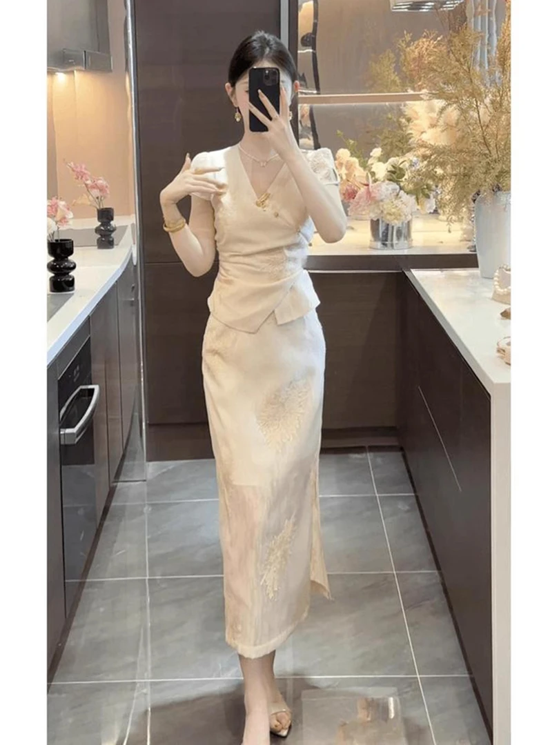 新中式国风改良旗袍套装日常上班可穿高级感短袖上衣刺绣半身裙夏