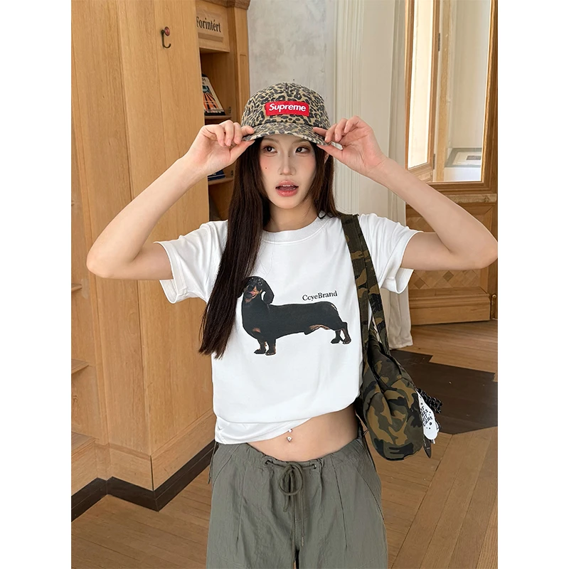 Don Cry美式腊肠狗印花短袖T恤女夏季圆领微宽松不露脐休闲上衣潮