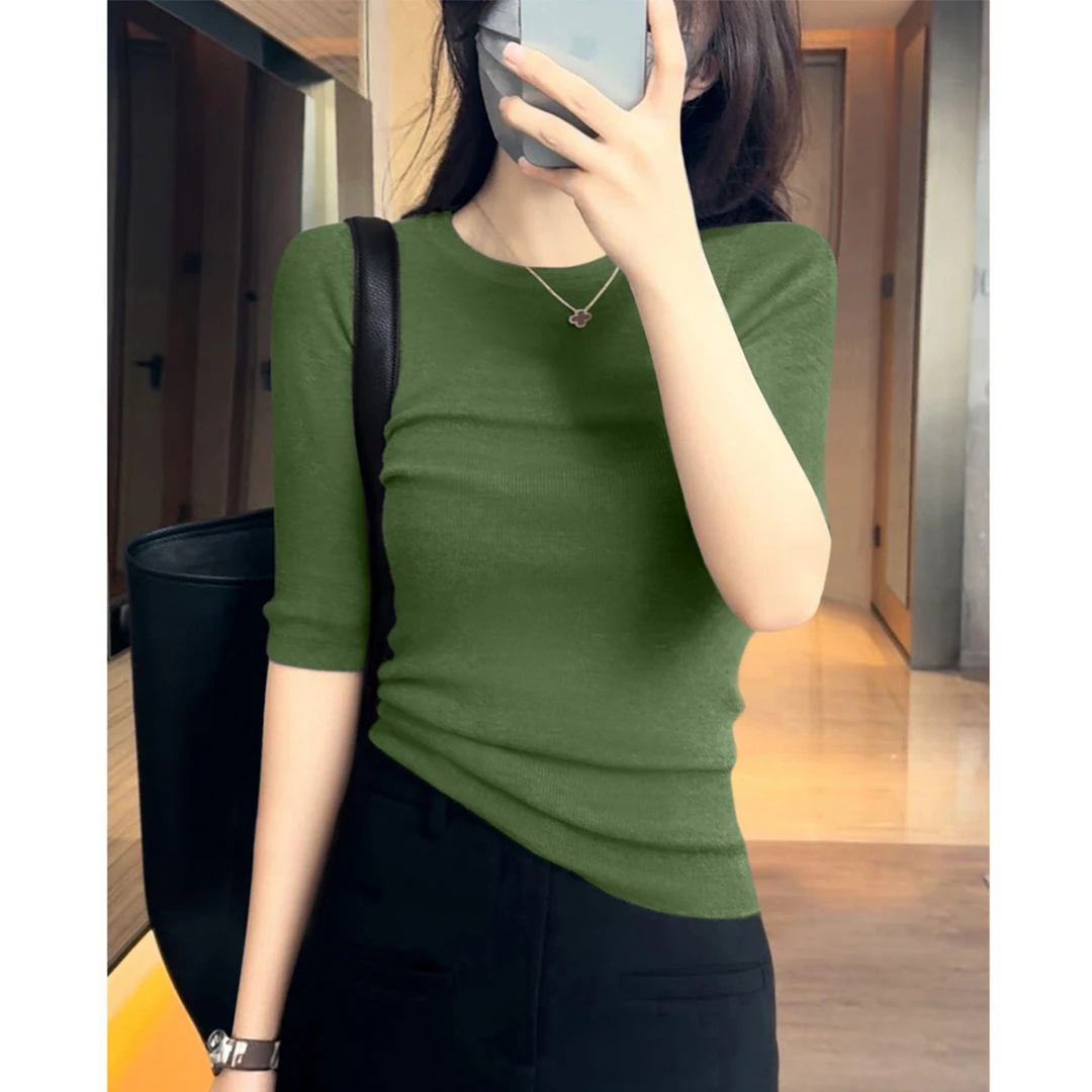 2025新款时尚气质圆领宽松打底上衣秋季百搭套头五分袖针织衫女装