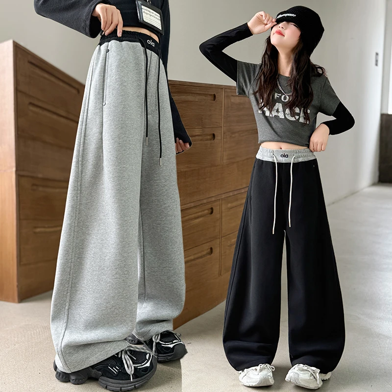 女童春秋季新款高腰休闲宽松阔腿裤6-12岁女大童弯刀休闲裤女孩潮