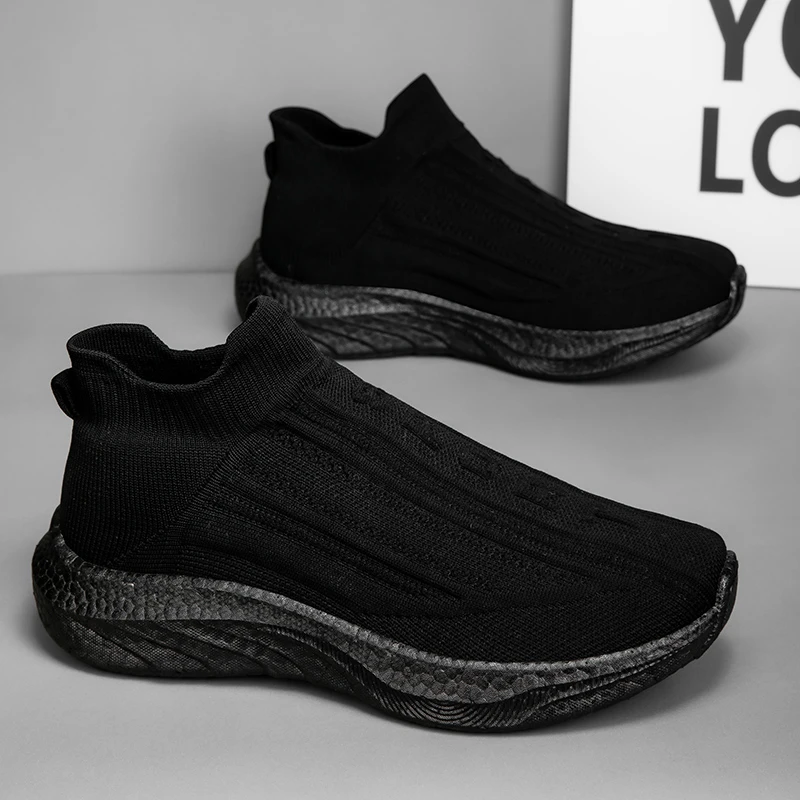 免系带男鞋春季透气黑色网鞋飞织网面运动跑步休闲软底轻便袜子鞋