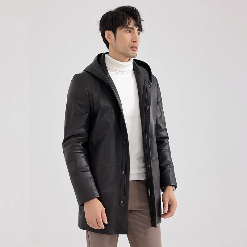 disuo/狄索真皮皮衣男中长款连帽绵羊皮羽绒外套194T21U190