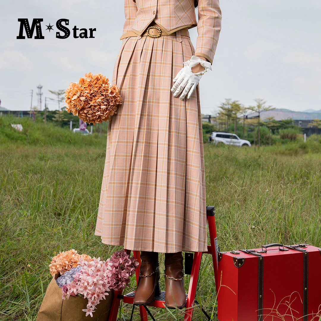 【若谷专属】M-Star复古格子压褶长半身裙 SFEQ112650