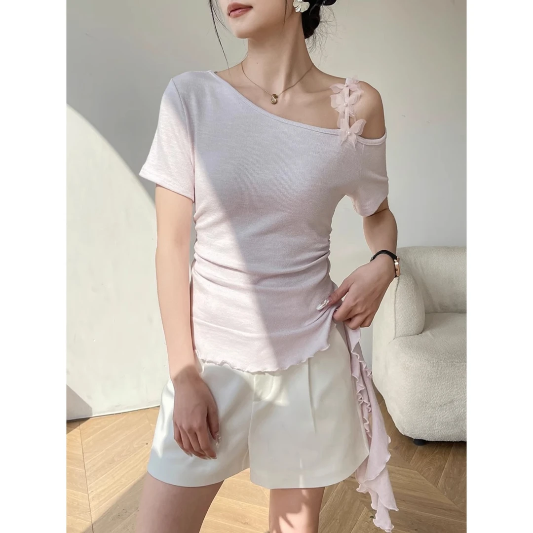 女士短袖t恤夏季浅紫色斜肩蝴蝶结露肩针织气质打底衫不规则上衣