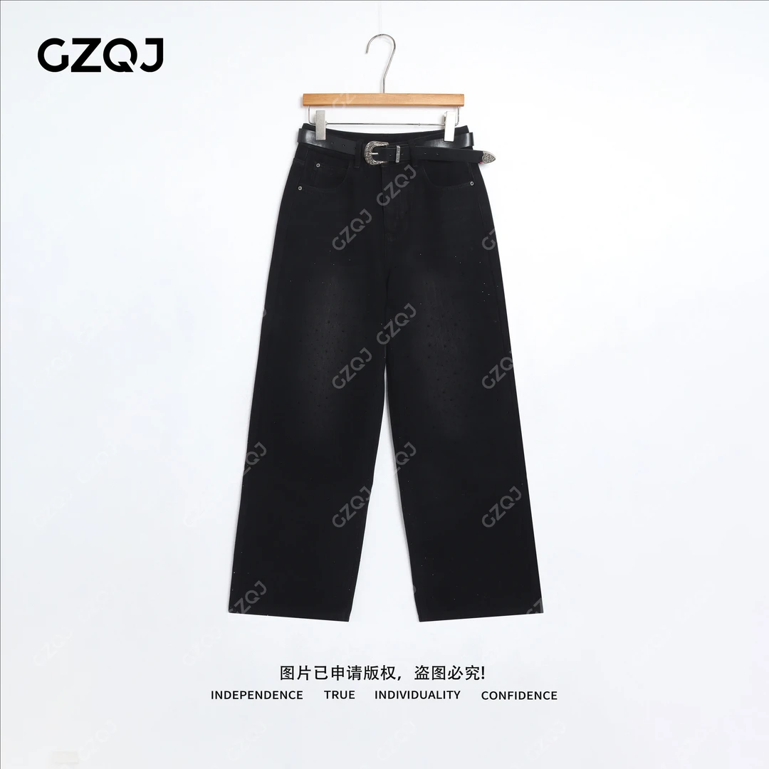 老琴私服【暗夜星尘】加绒高级感烫钻高腰宽松直筒牛仔裤女冬款 560