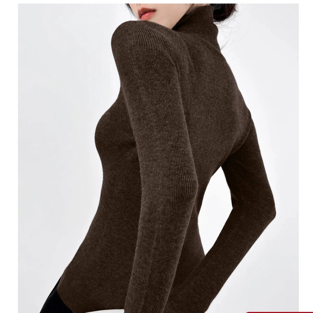 今年流行深棕色堆堆领修身上衣毛衣女高级套头长袖打底针织衫女装