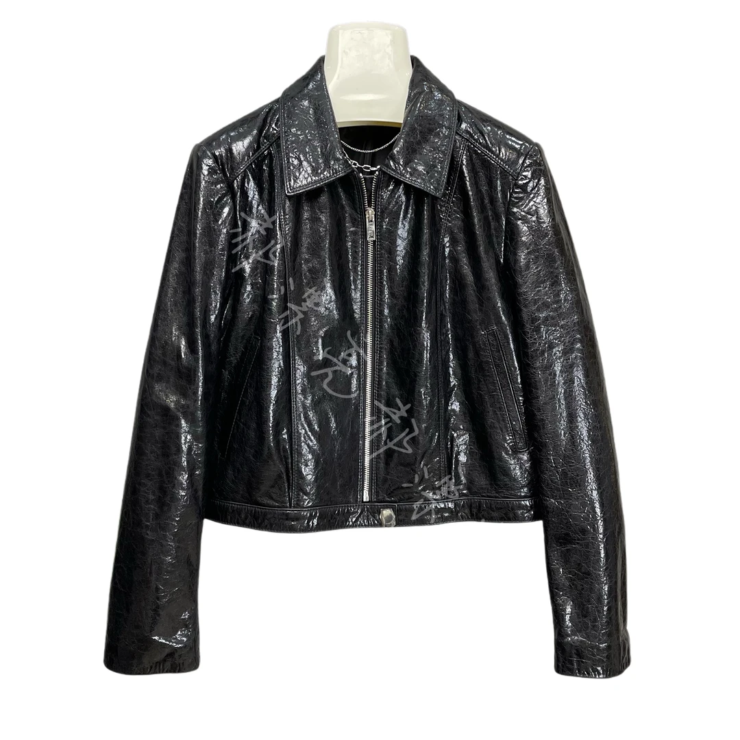 春秋季宽松亮面纯绵羊皮翻领休闲皮衣短款女士全皮夹克时洋气外套