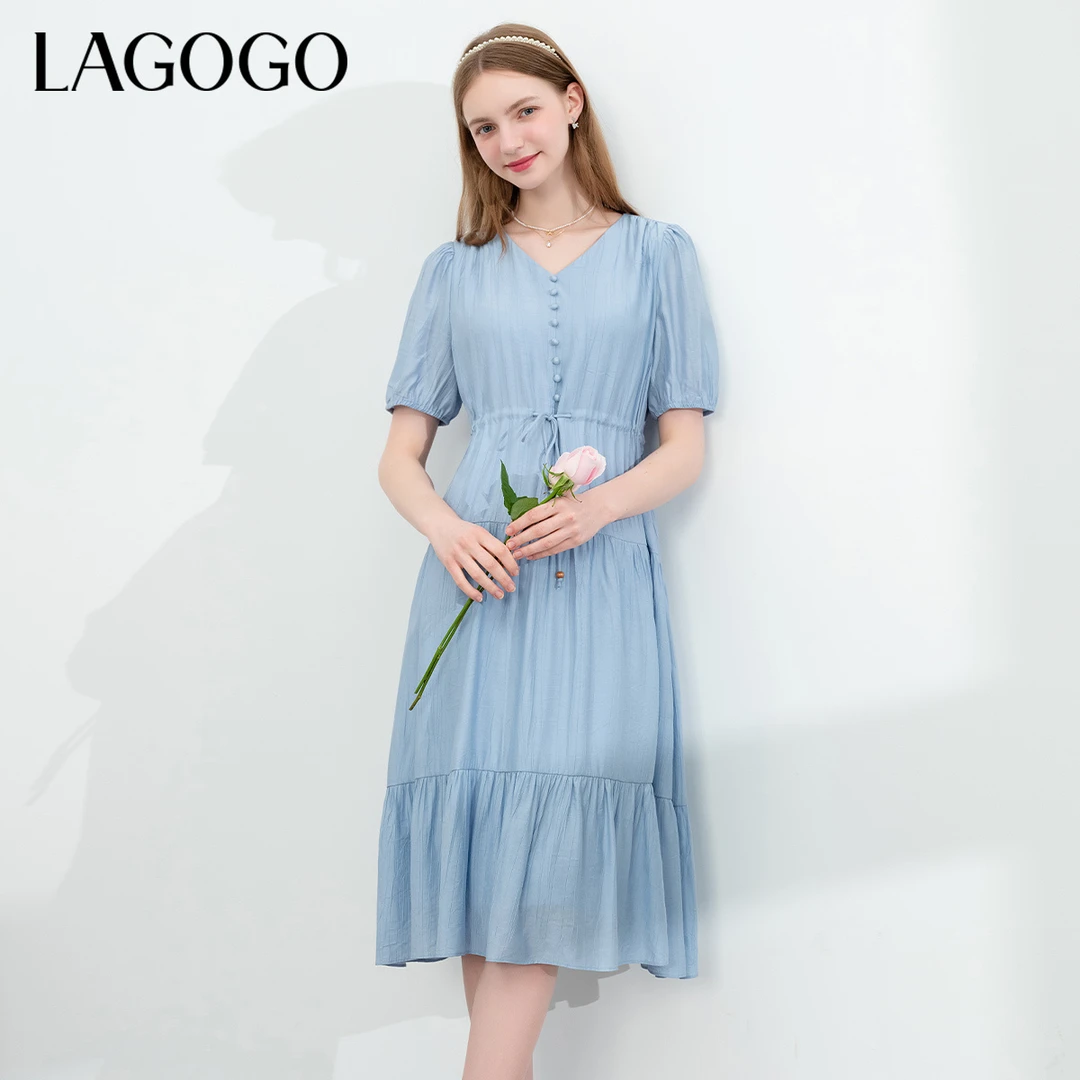 lagogo拉谷谷新款仙气肌理感显白甜美连衣裙女NALL334C55