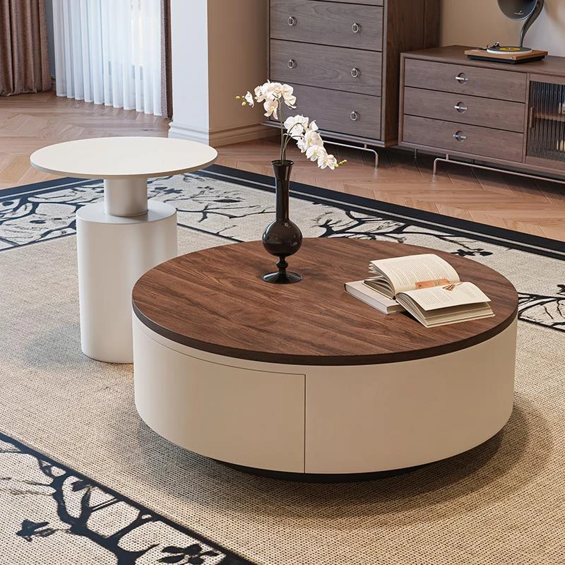 中古风圆形实木茶几组合小户型客厅家用简约现代轻奢高级感茶几桌