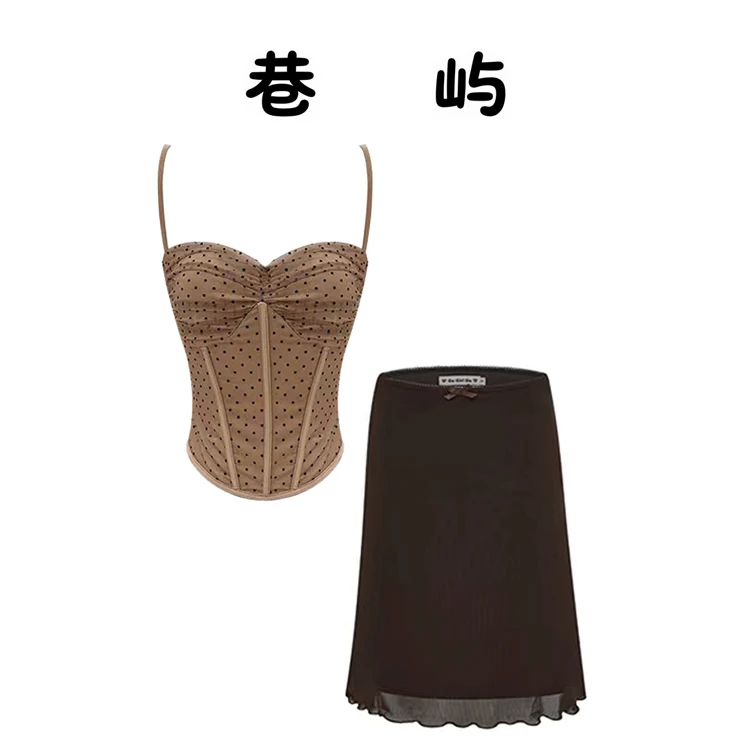 小香风名媛风气质波点吊带背心女夏季高腰显瘦A字包臀裙子两件套