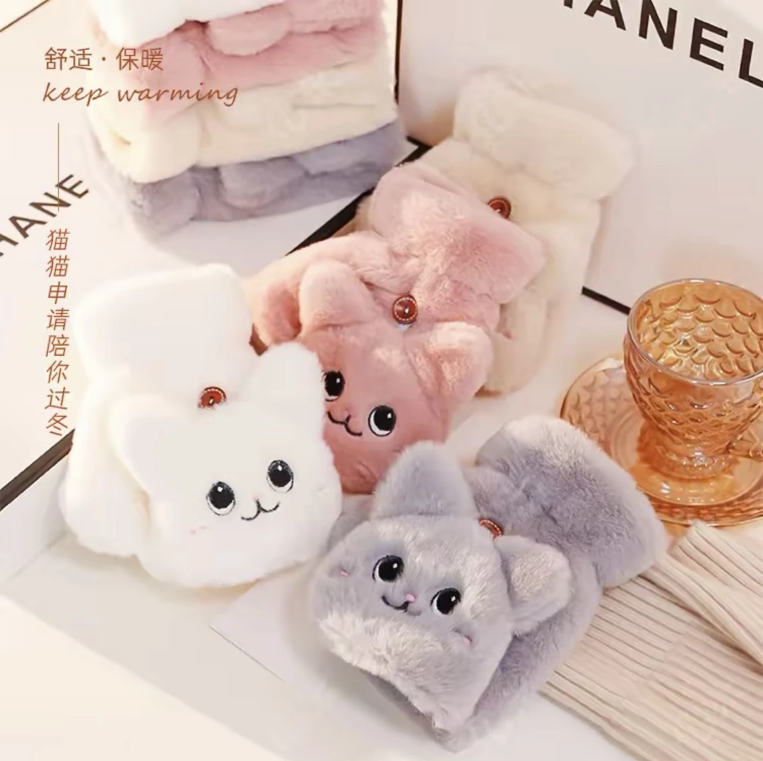 可爱手套噜噜猫手套秋冬可爱韩版卡通加绒情侣保暖毛茸茸翻盖手套
