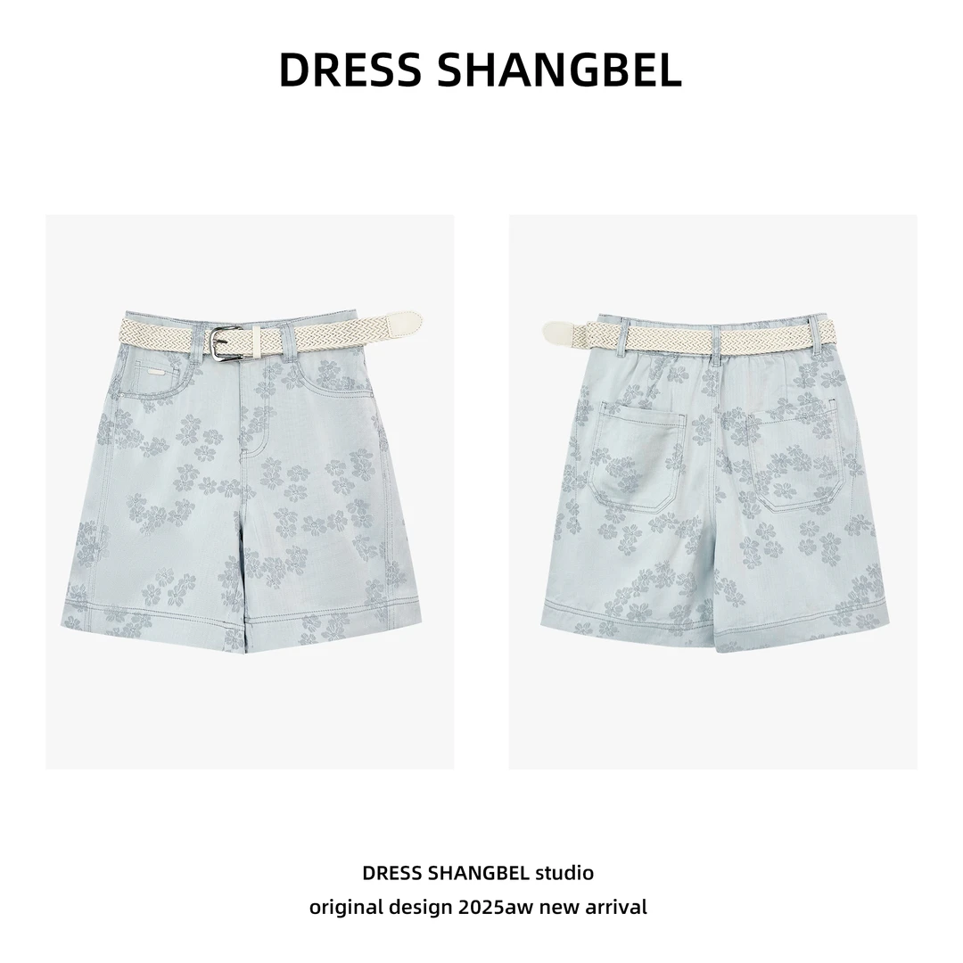 DRESS 2025夏季新款C复古休闲水洗提花直筒牛仔短裤5055