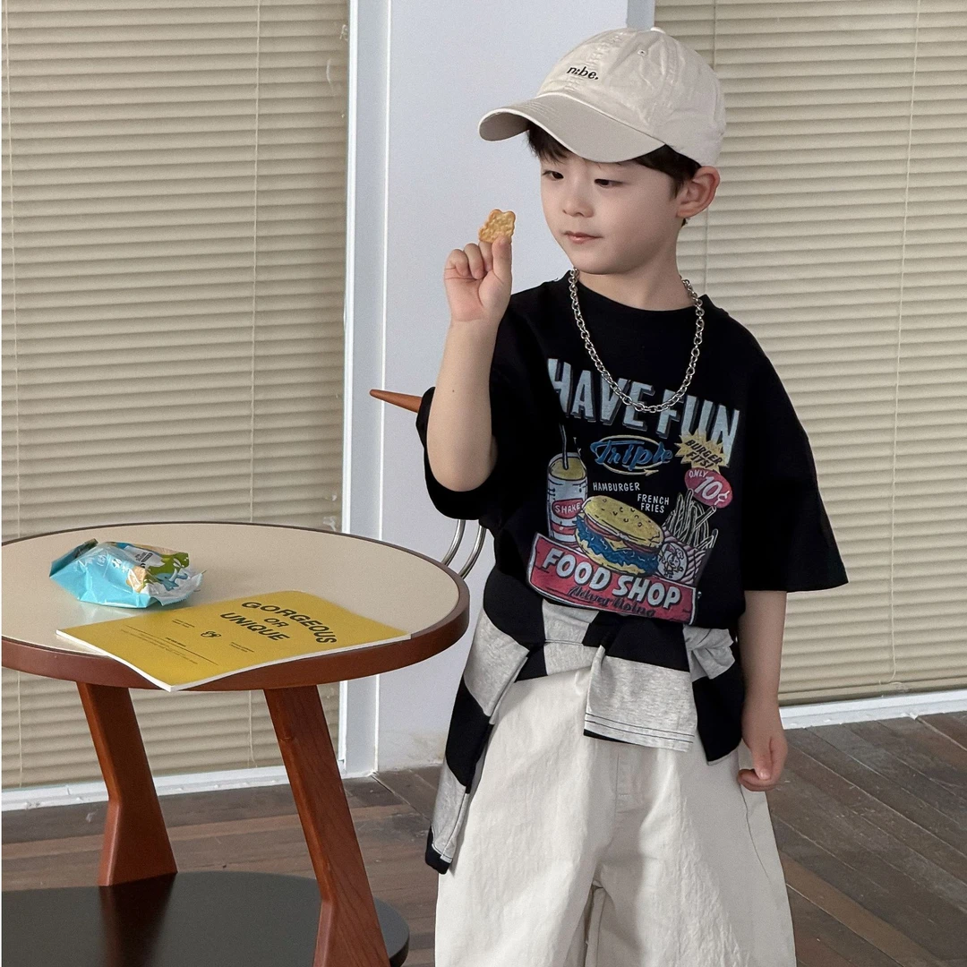 甜妈家童装 春夏儿童洋气卡通短袖t恤男童帅气韩版印花上衣